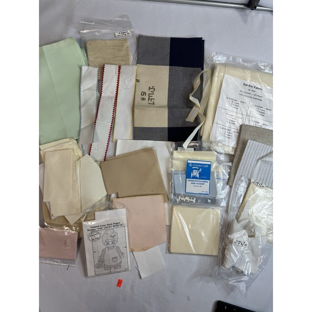 Mixed Lot of Counted Cross Stitch Fabric - Misc Count, Colors And Type.  Vintage
